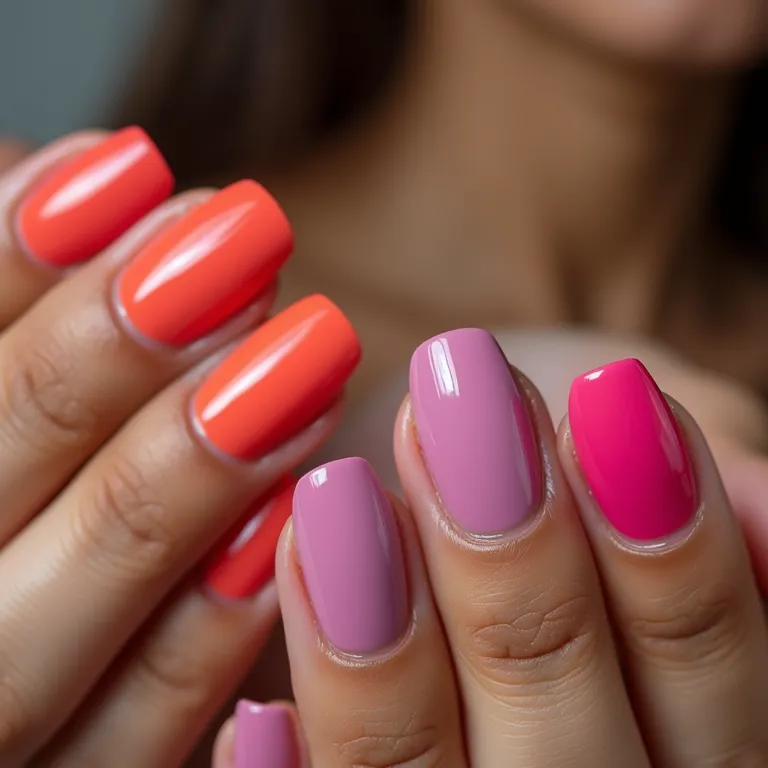 Mãos com diferentes cores de unhas em gel.