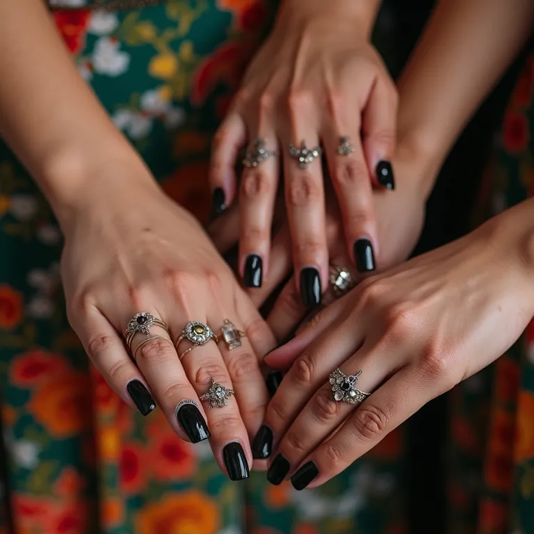 Mãos com diferentes designs de nail art preta, demonstrando sofisticação e estilo.