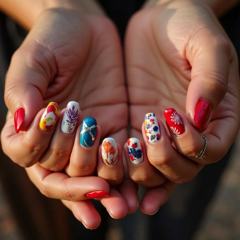 Mãos com diferentes designs de unhas decoradas e coloridas.