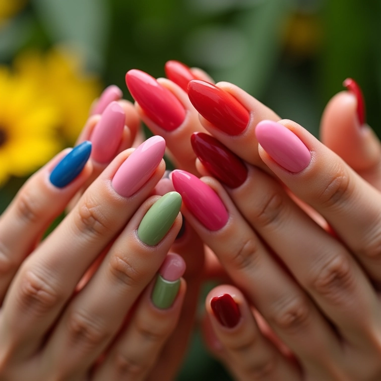 Mãos com diferentes esmaltes coloridos e texturas.