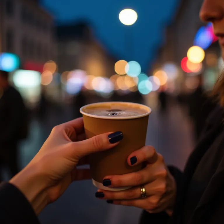 Mãos com esmalte azul noturno segurando xícara de café à noite.
