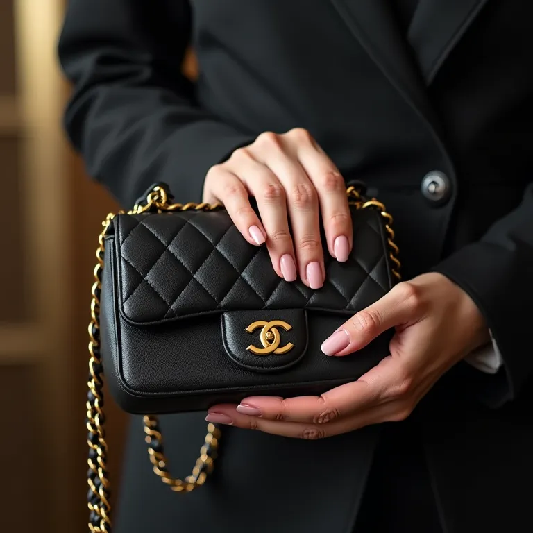 Mãos com esmalte Chanel segurando bolsa da marca.