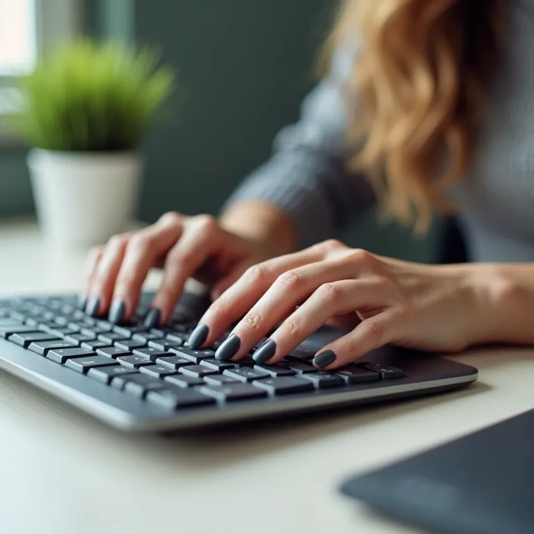 Mãos com esmalte cinza chumbo digitando em um teclado.
