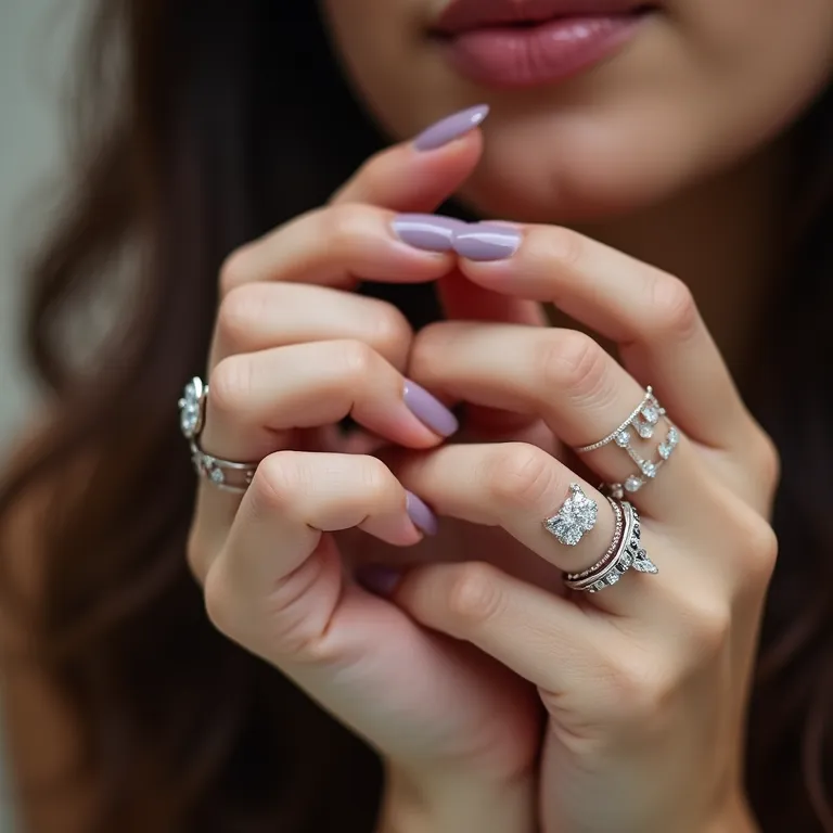 Mãos com esmalte Dior e joias de luxo em Paris.