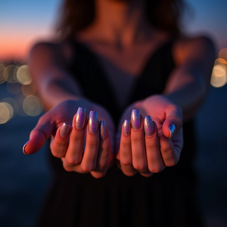 Mãos com esmalte holográfico em vestido preto ao entardecer com luzes da cidade.