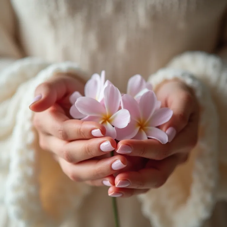 Mãos com esmalte rosa claro segurando flores delicadas.
