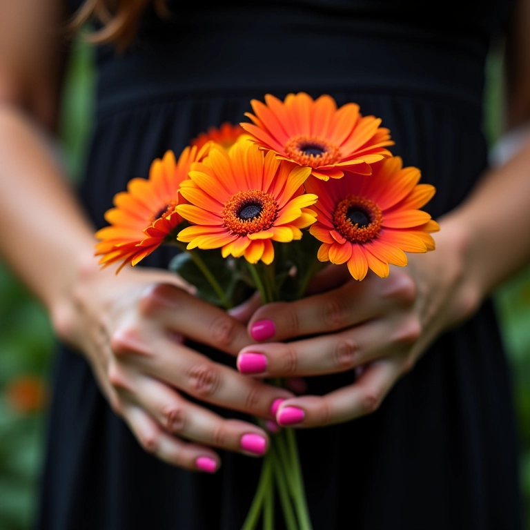 Mãos com esmalte rosa segurando flores, vestindo preto, estilo Farm Rio.