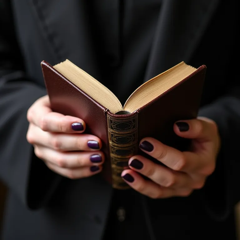 Mãos com esmalte roxo escuro segurando um livro antigo.