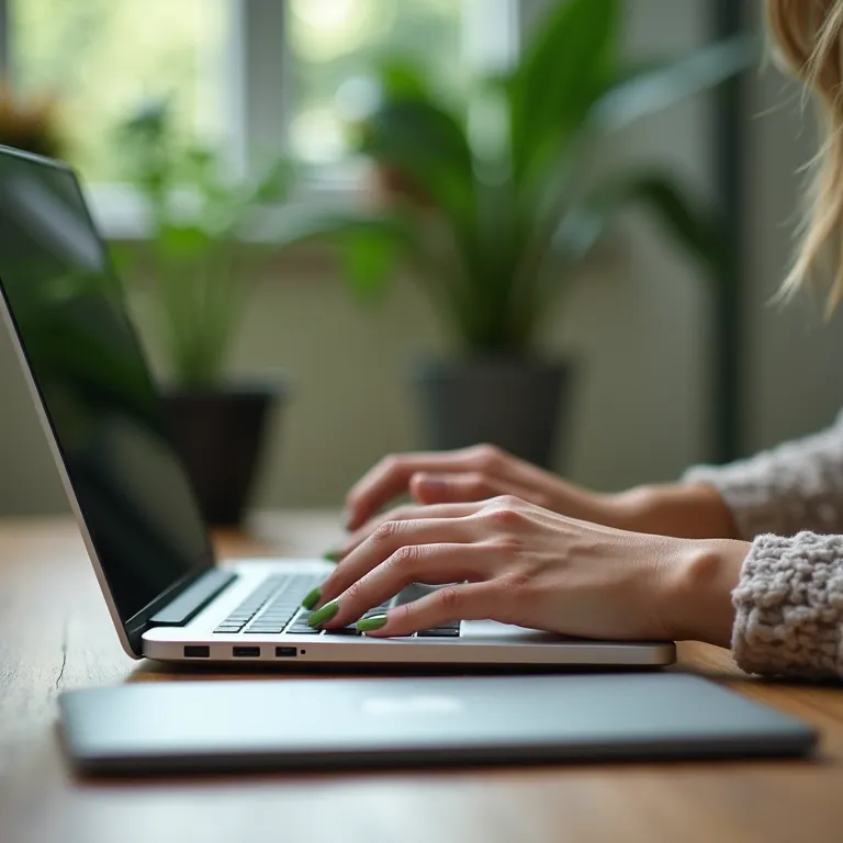 Mãos com esmalte verde musgo digitando em um laptop em escritório moderno.