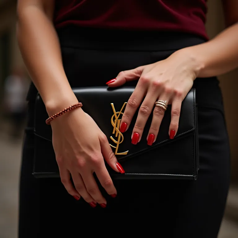 Mãos com esmalte Yves Saint Laurent segurando clutch da marca.