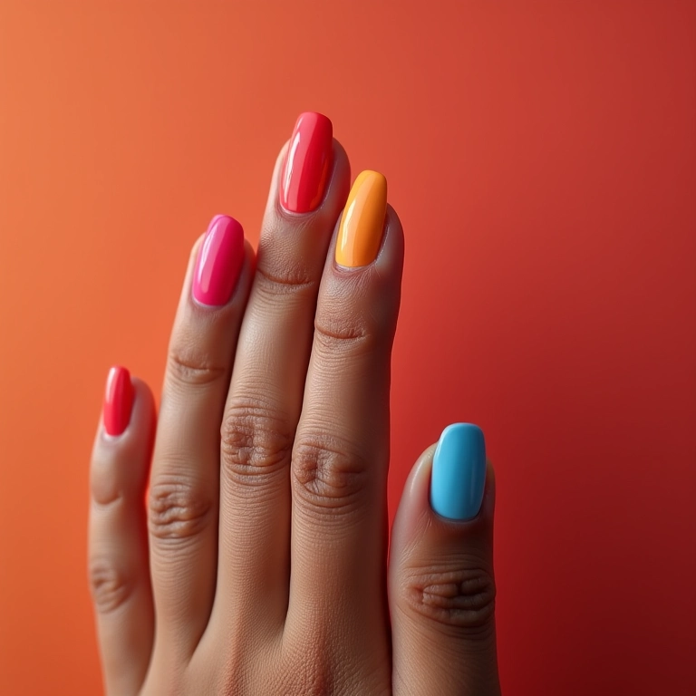 Mãos com unhas bem cuidadas e esmaltes coloridos.