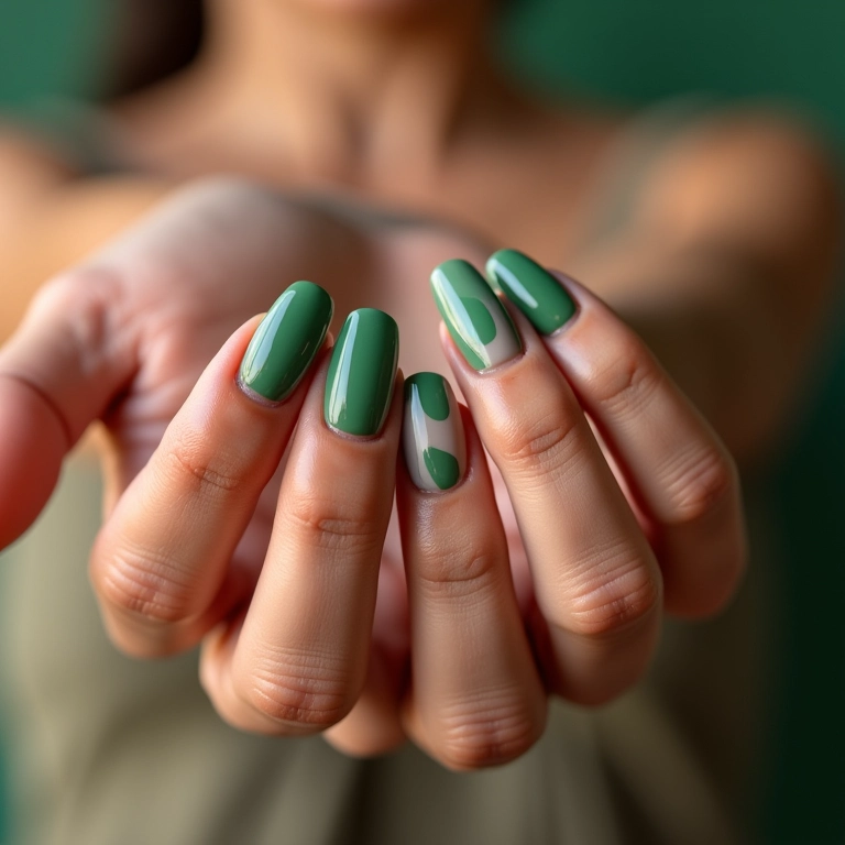 Mãos com unhas de gel verde em diversos tons.