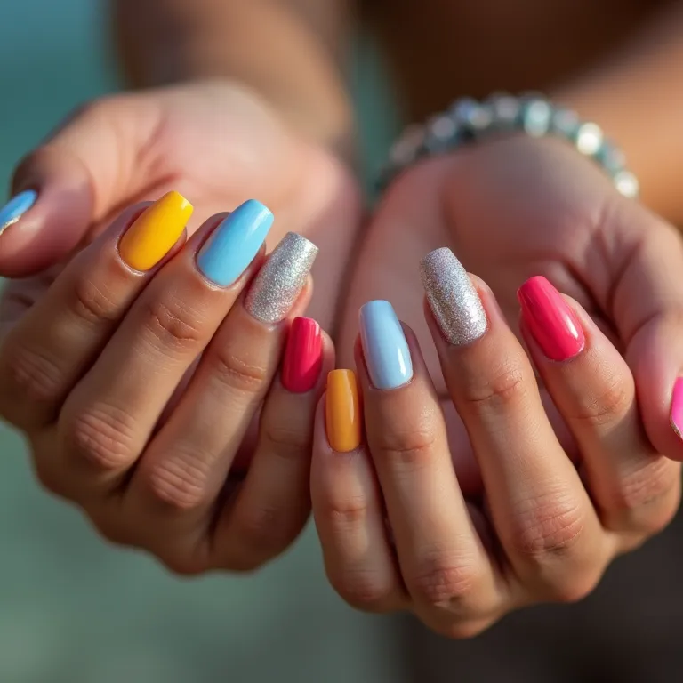 Mãos com unhas decoradas com banho de gel em diversos estilos e cores.