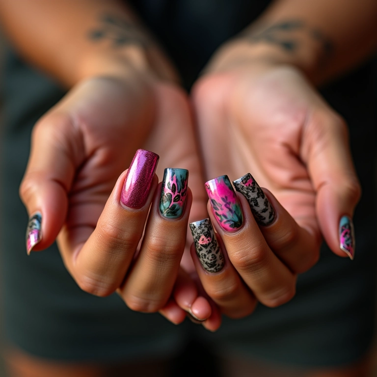 Mãos com unhas decoradas com tattoo esmalte, arte vibrante e estilo brasileiro.