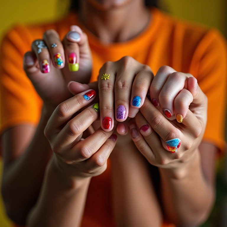 Mãos com unhas decoradas criativas e diversas.