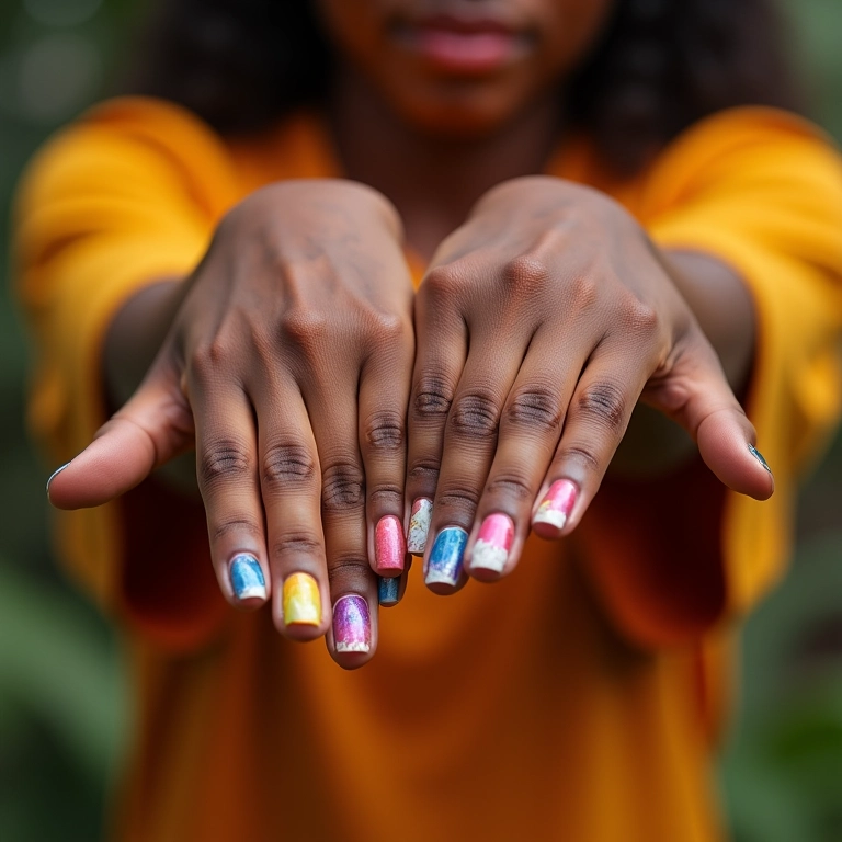 Mãos com unhas decoradas e coloridas em estilo brasileiro moderno.