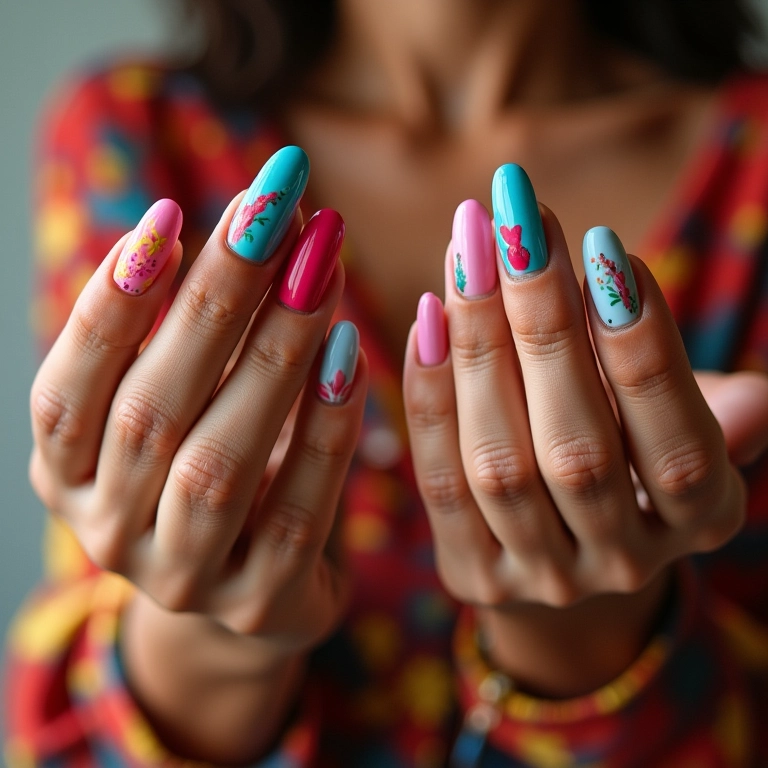 Mãos com unhas decoradas em diversos estilos.
