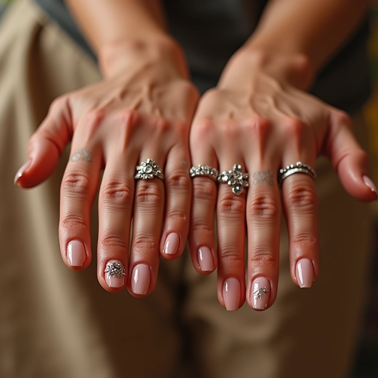 Mãos com unhas decoradas em estilos clássicos.