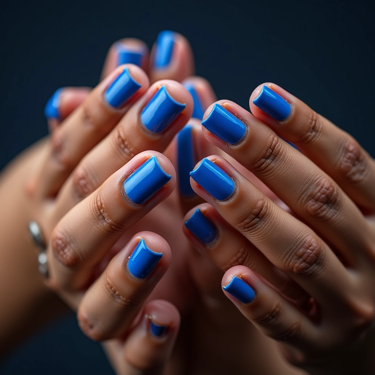 Mãos com unhas decoradas em tons de azul.