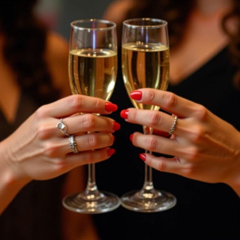 Mãos com unhas decoradas para o Ano Novo brindando com champanhe.