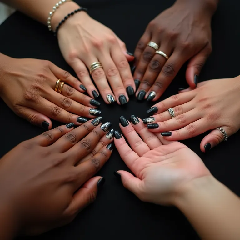 Mãos com unhas pretas decoradas exibindo diversos designs de nail art.