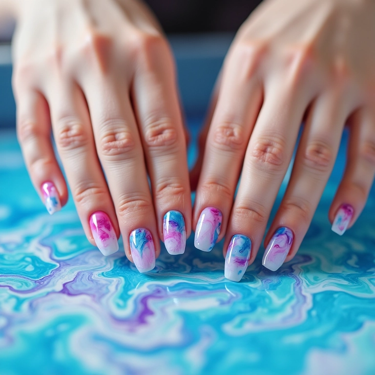 Mãos criando unhas marmorizadas com água, com redemoinhos coloridos.