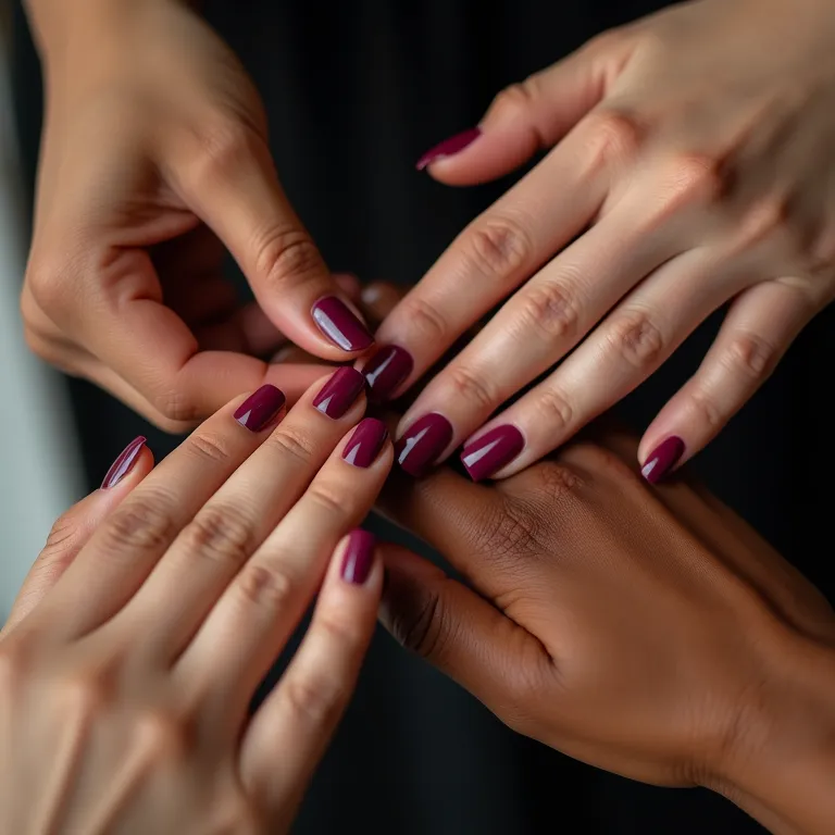 Mãos de diferentes tons aplicando esmaltes escuros e quentes para o inverno 2026.