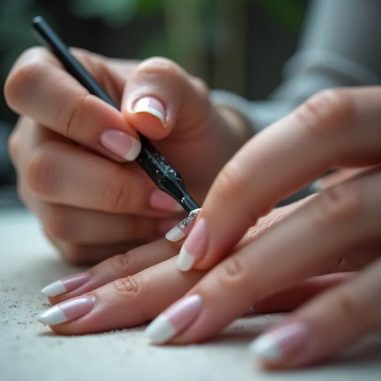 Mãos de especialista em nail art mostrando ferramentas e designs.