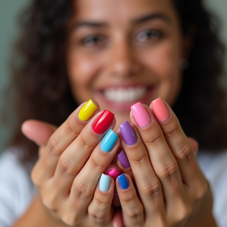 Mãos de mulheres diversas pintando as unhas com esmaltes coloridos em estúdio moderno.