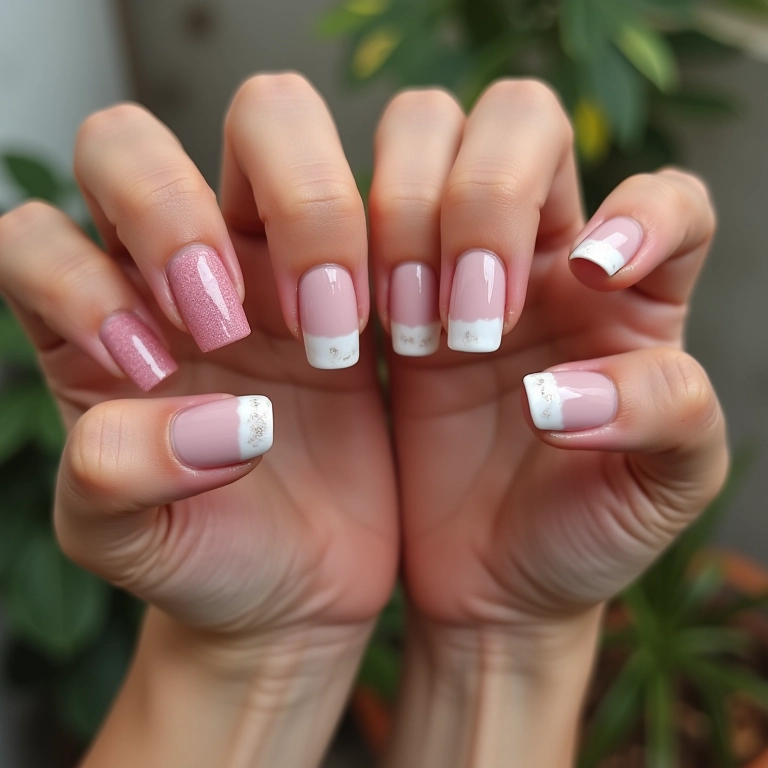 Mãos demonstrando unhas degradê em um tutorial passo a passo com cores pastel.