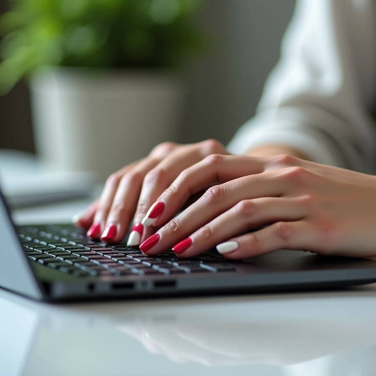 Mãos digitando em laptop, destaque para durabilidade do esmalte.