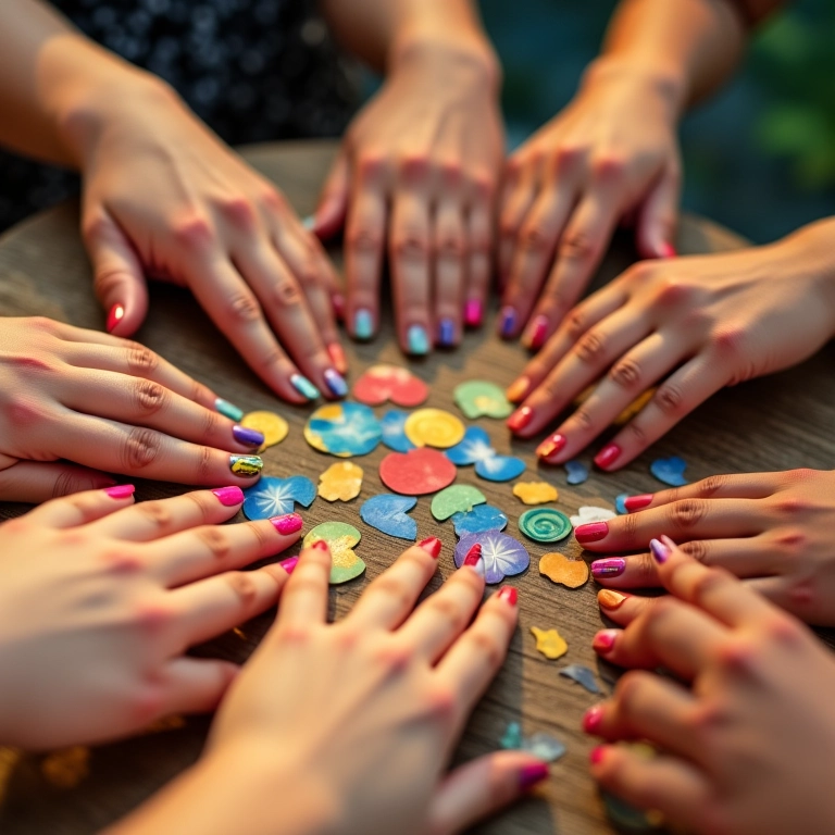 Mãos diversas aplicando adesivos de esmalte coloridos.