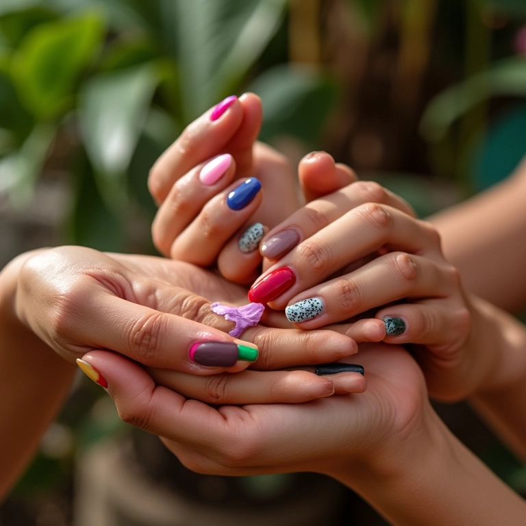 Mãos diversas aplicando diferentes cores de esmalte em ambiente vibrante e colorido.