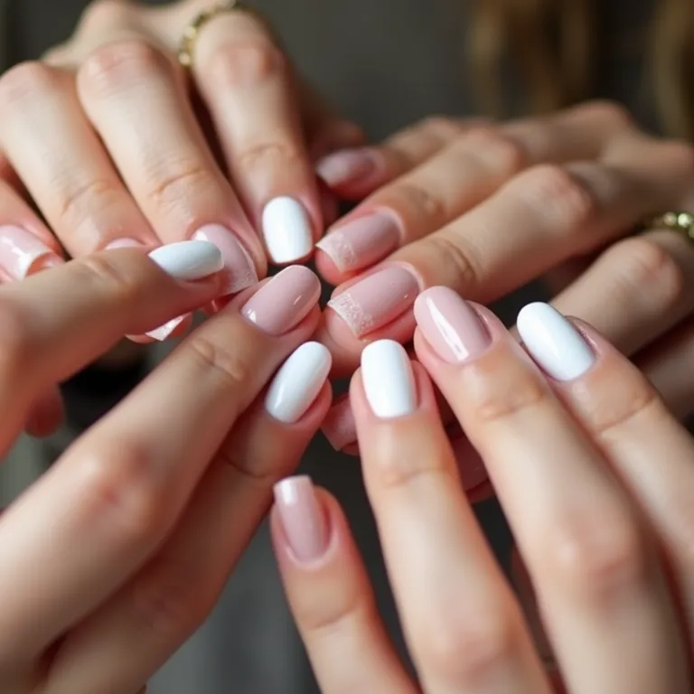 Mãos diversas aplicando esmalte branco e nude para francesinha.