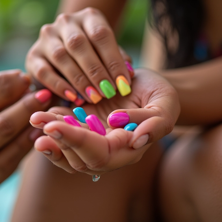 Mãos diversas aplicando esmalte colorido em ambiente vibrante.
