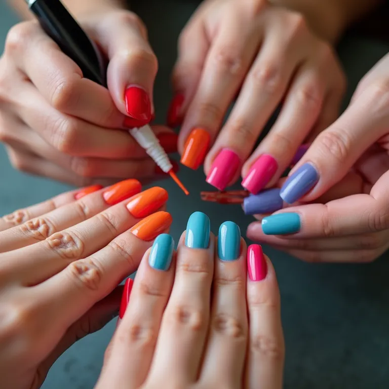 Mãos diversas aplicando esmaltes coloridos, destacando o lançamento de novas cores e marcas.