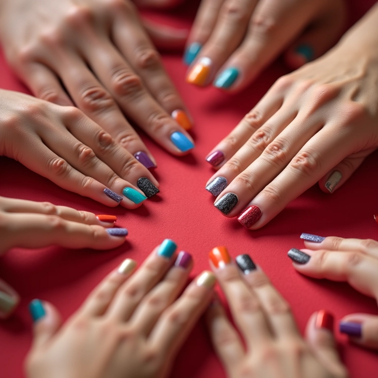 Mãos diversas aplicando esmaltes coloridos, representando a compra online de esmaltes.