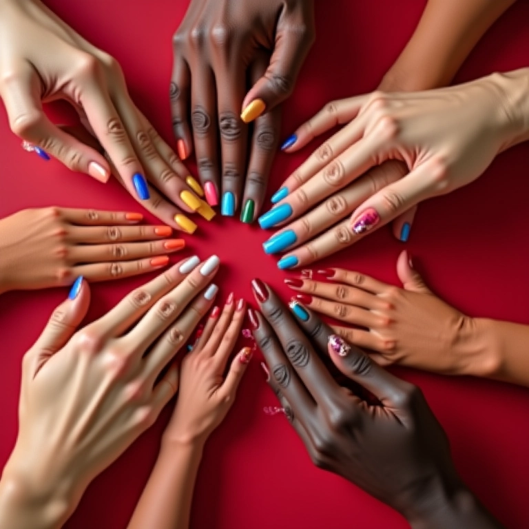 Mãos diversas aplicando esmaltes coloridos.