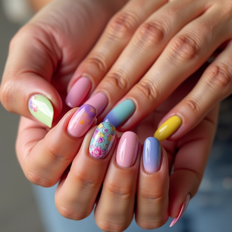 Mãos diversas exibindo designs de unhas decoradas com gel.