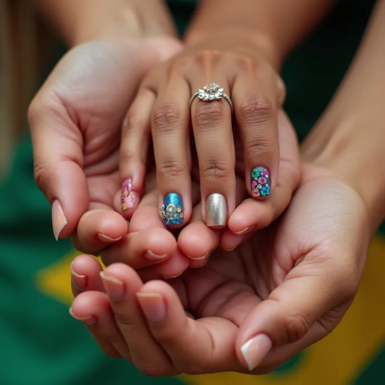 Mãos diversas exibindo designs de unhas decoradas em cenário brasileiro vibrante.