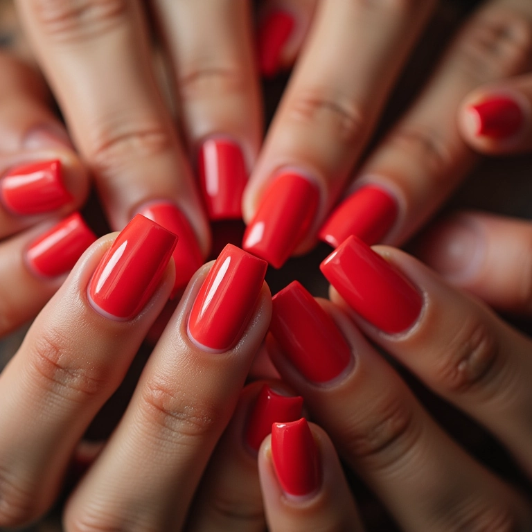 Mãos diversas exibindo unhas de acrigel impecáveis e coloridas.