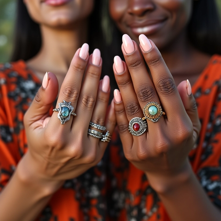 Mãos diversas exibindo unhas decoradas com estilos variados.