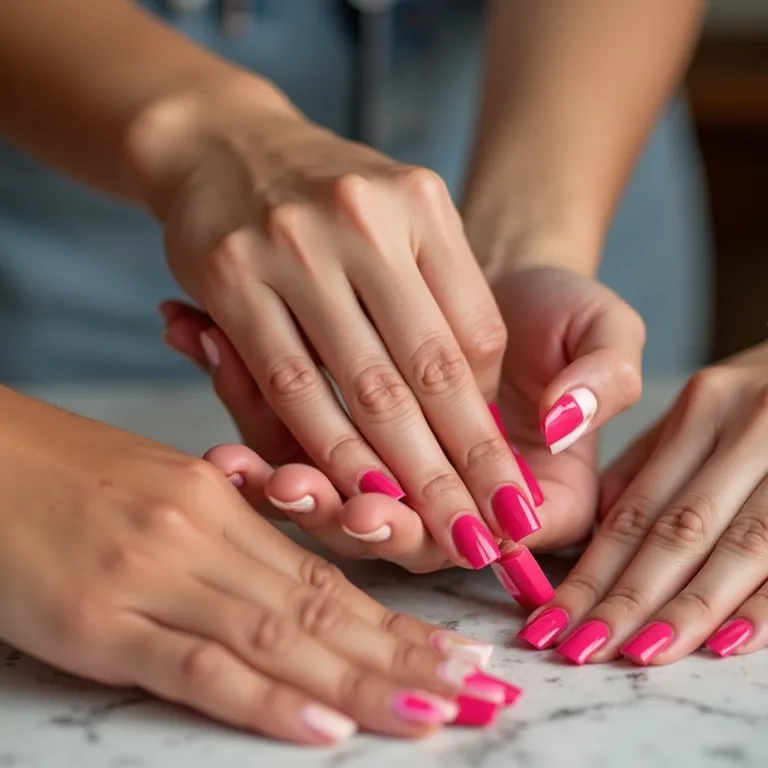 Mãos diversas usando removedor de esmalte Jequiti em diferentes cores de unhas.
