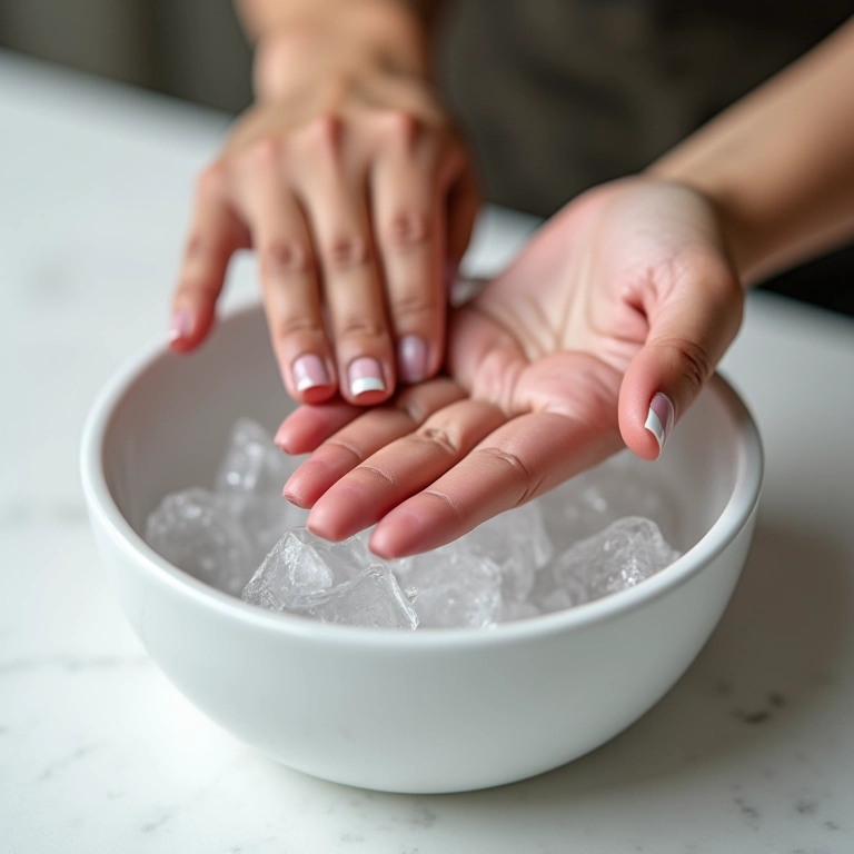 Mãos em água gelada para secar o esmalte rapidamente.