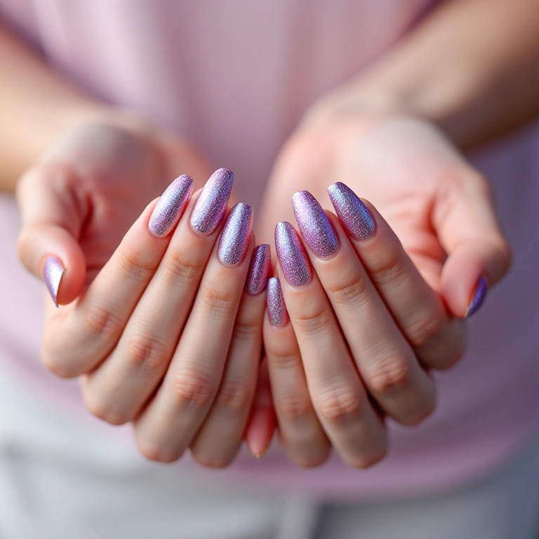 Mãos exibindo unhas com glitter furta-cor.