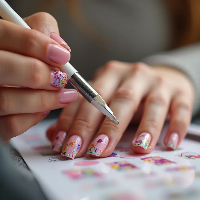 Mãos femininas aplicando adesivos e películas coloridas em unhas de gel.