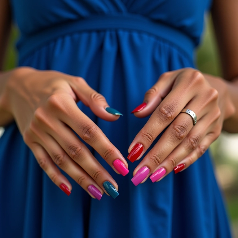Mãos femininas aplicando diferentes cores de esmalte combinando com um elegante vestido azul.