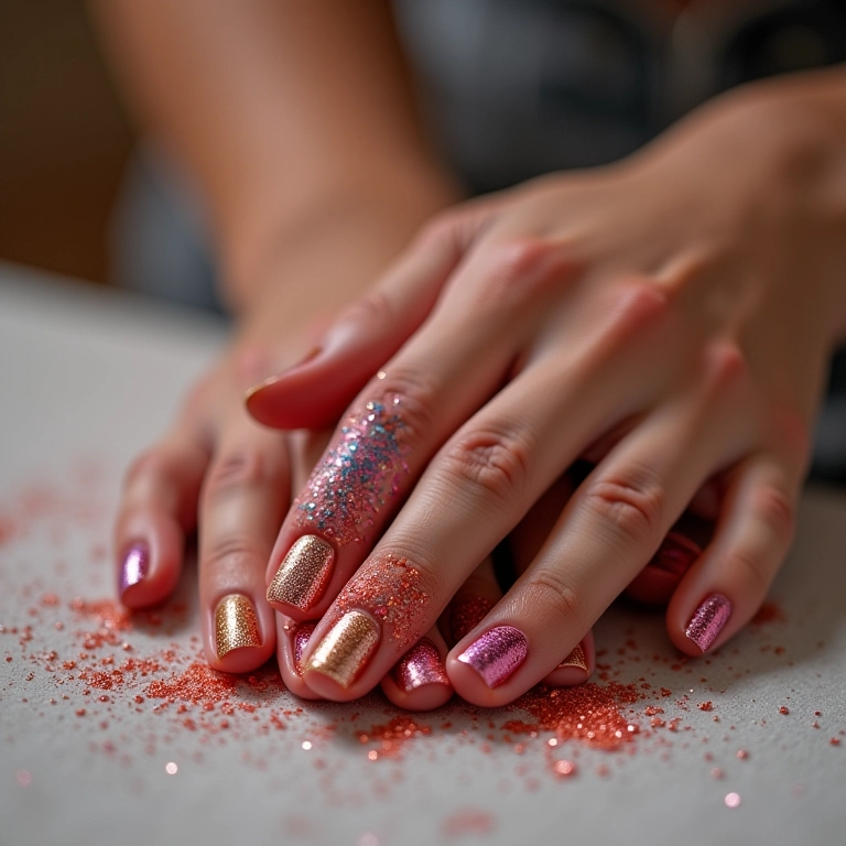 Mãos femininas aplicando glitter em unhas decoradas.