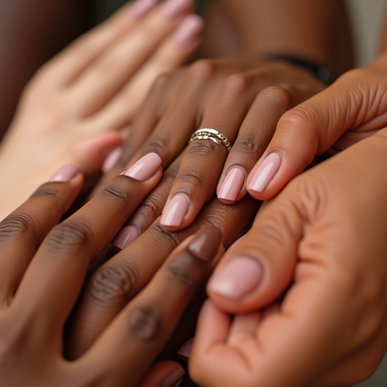 Mãos femininas com diferentes cores de esmalte, foco em tom nude.