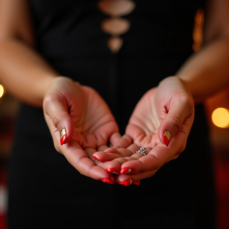Mãos femininas com esmalte cintilante em festa, vestindo preto.